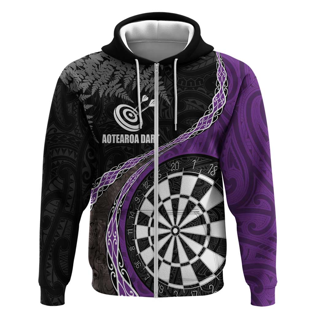 Personalised New Zealand Darts Hoodie Koru Tribal Tattoo and Silver Fern Maori Pattern Purple Color LT03 Zip Hoodie Purple - Polynesian Pride