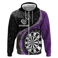 Personalised New Zealand Darts Hoodie Koru Tribal Tattoo and Silver Fern Maori Pattern Purple Color LT03 Zip Hoodie Purple - Polynesian Pride