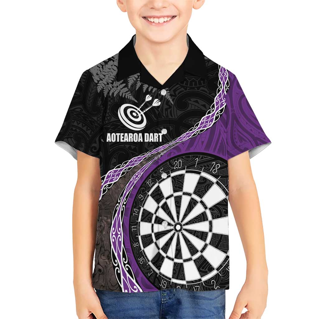 Personalised New Zealand Darts Kid Hawaiian Shirt Koru Tribal Tattoo and Silver Fern Maori Pattern Purple Color LT03 Kid Purple - Polynesian Pride