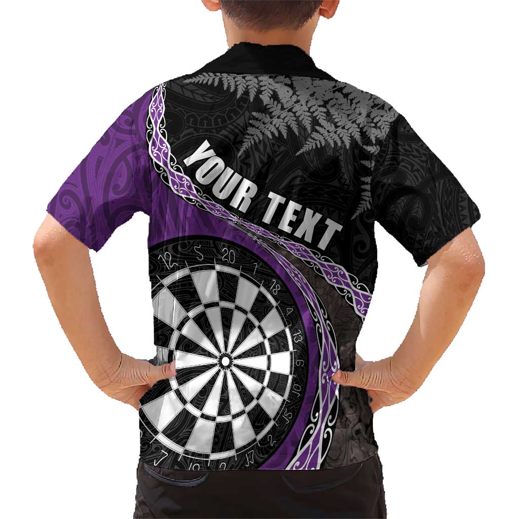 Personalised New Zealand Darts Kid Hawaiian Shirt Koru Tribal Tattoo and Silver Fern Maori Pattern Purple Color LT03 - Polynesian Pride