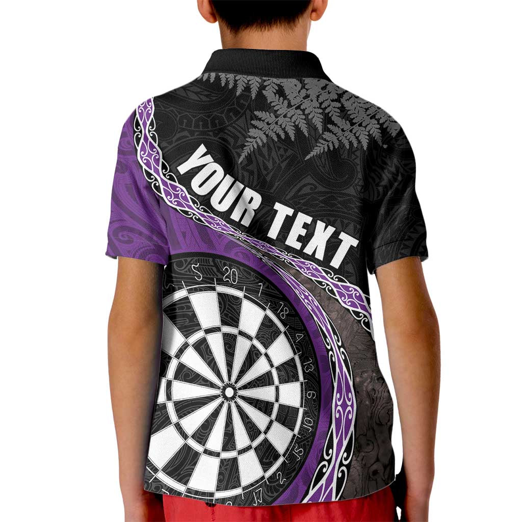 Personalised New Zealand Darts Kid Polo Shirt Koru Tribal Tattoo and Silver Fern Maori Pattern Purple Color LT03 - Polynesian Pride