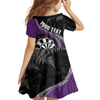 Personalised New Zealand Darts Kid Short Sleeve Dress Koru Tribal Tattoo and Silver Fern Maori Pattern Purple Color