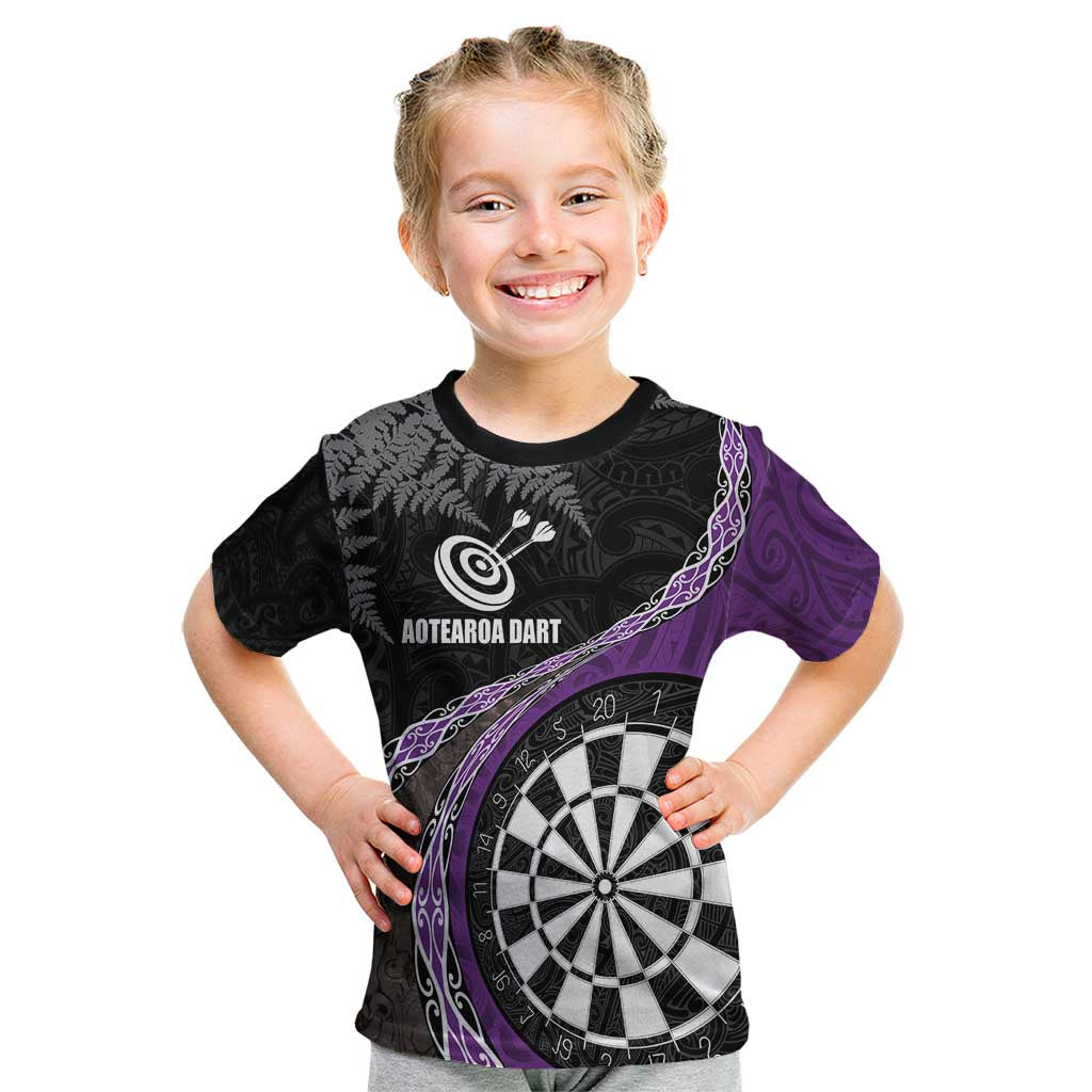 Personalised New Zealand Darts Kid T Shirt Koru Tribal Tattoo and Silver Fern Maori Pattern Purple Color LT03 Purple - Polynesian Pride