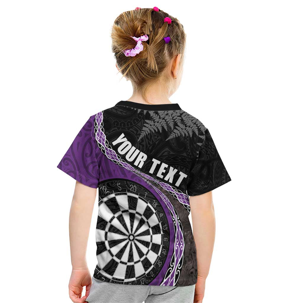 Personalised New Zealand Darts Kid T Shirt Koru Tribal Tattoo and Silver Fern Maori Pattern Purple Color LT03 - Polynesian Pride