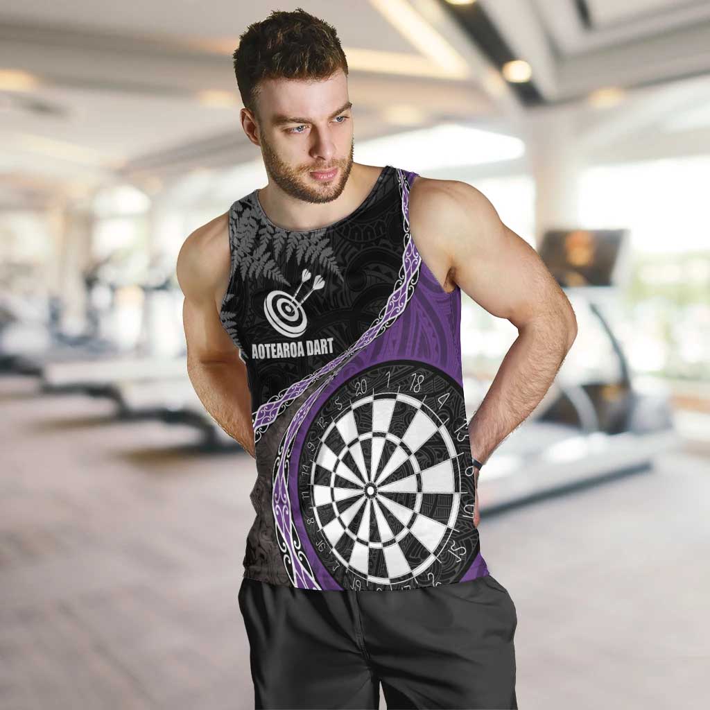 Personalised New Zealand Darts Men Tank Top Koru Tribal Tattoo and Silver Fern Maori Pattern Purple Color