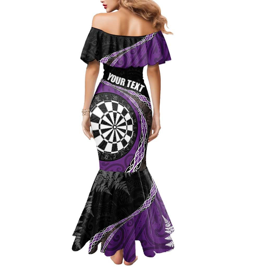Personalised New Zealand Darts Mermaid Dress Koru Tribal Tattoo and Silver Fern Maori Pattern Purple Color