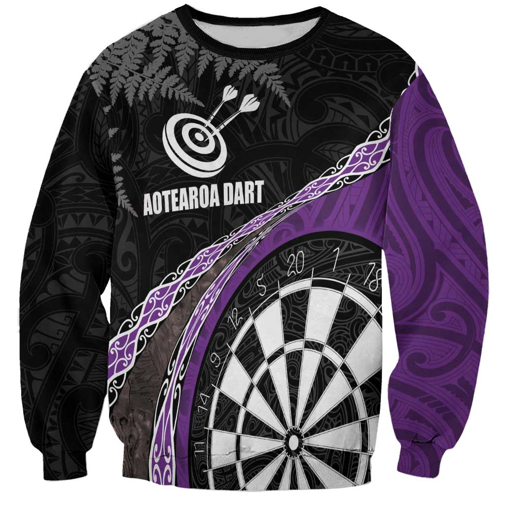 Personalised New Zealand Darts Sweatshirt Koru Tribal Tattoo and Silver Fern Maori Pattern Purple Color LT03 Unisex Purple - Polynesian Pride
