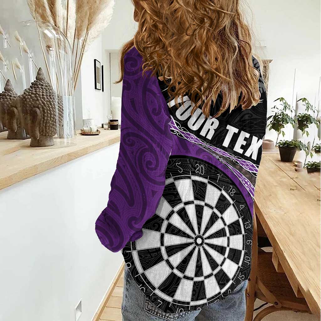 Personalised New Zealand Darts Women Casual Shirt Koru Tribal Tattoo and Silver Fern Maori Pattern Purple Color LT03 - Polynesian Pride