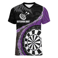 Personalised New Zealand Darts Women V-Neck T-Shirt Koru Tribal Tattoo and Silver Fern Maori Pattern Purple Color LT03 Female Purple - Polynesian Pride