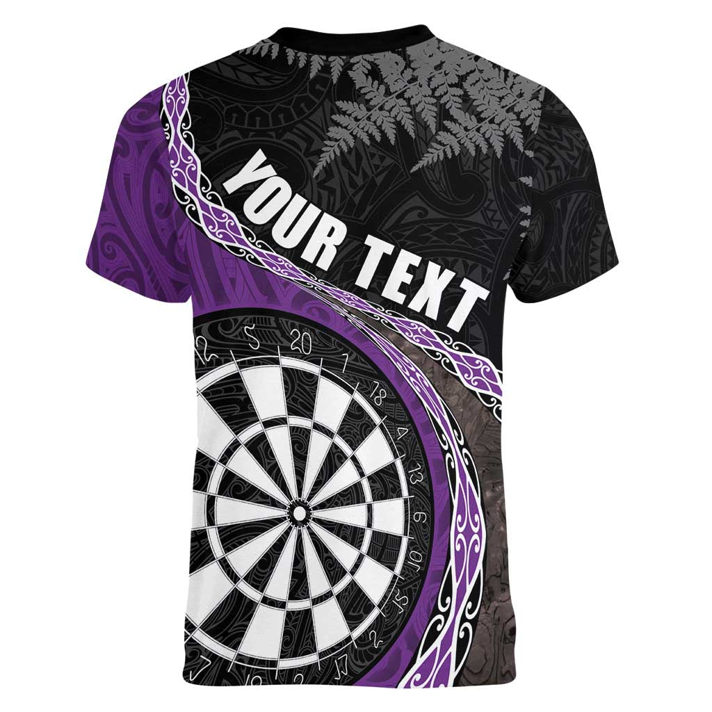 Personalised New Zealand Darts Women V-Neck T-Shirt Koru Tribal Tattoo and Silver Fern Maori Pattern Purple Color LT03 - Polynesian Pride