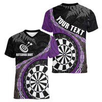 Personalised New Zealand Darts Women V-Neck T-Shirt Koru Tribal Tattoo and Silver Fern Maori Pattern Purple Color LT03 - Polynesian Pride