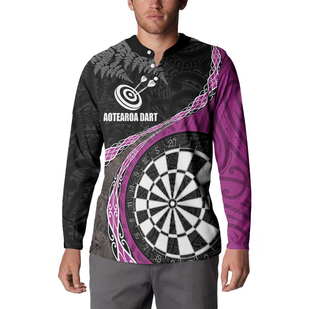 Personalised New Zealand Darts Button Sweatshirt Koru Tribal Tattoo and Silver Fern Maori Pattern Pink Color LT03 - Polynesian Pride
