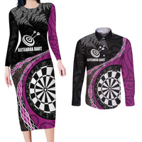 Personalised New Zealand Darts Couples Matching Long Sleeve Bodycon Dress and Long Sleeve Button Shirt Koru Tribal Tattoo and Silver Fern Maori Pattern Pink Color LT03 Pink - Polynesian Pride