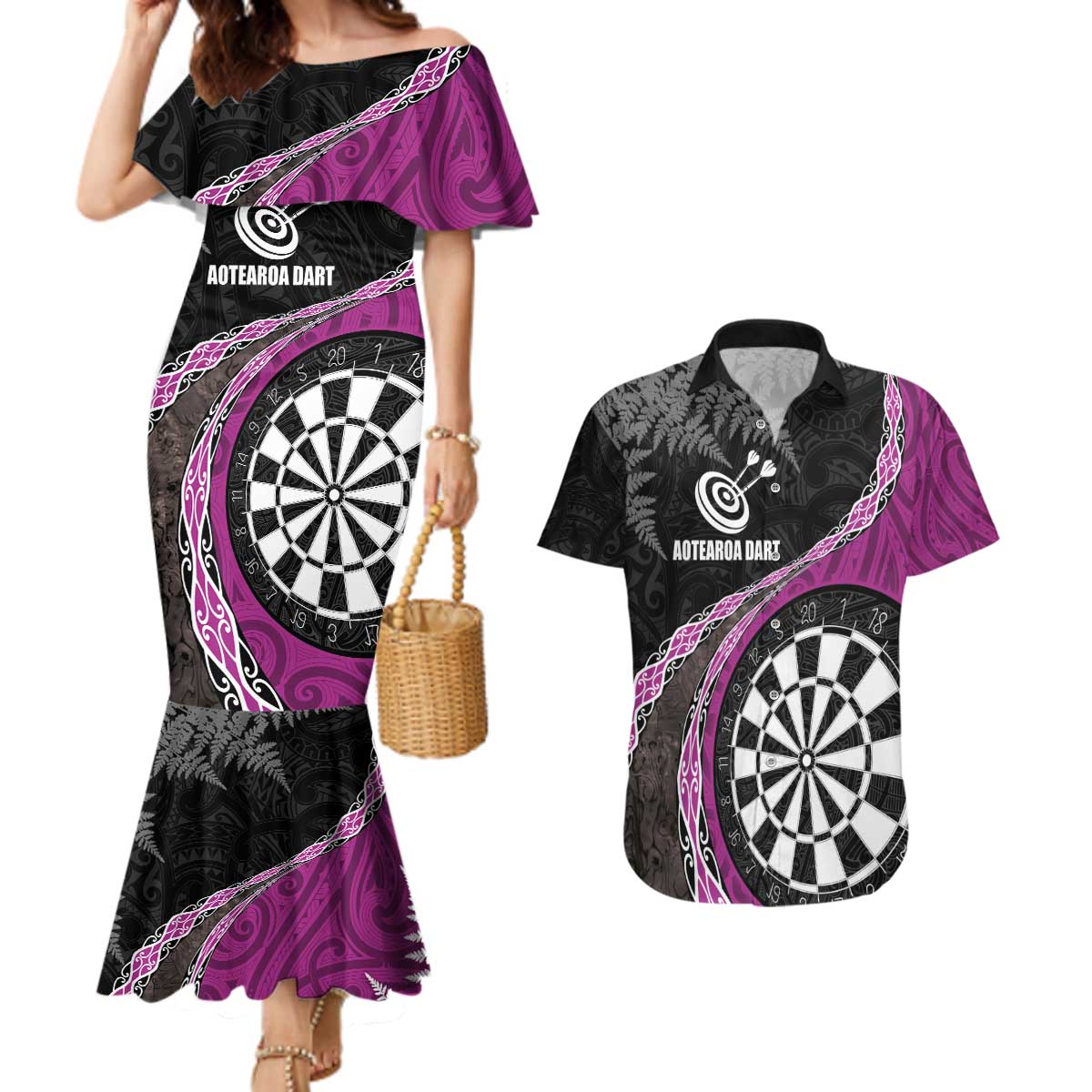 Personalised New Zealand Darts Couples Matching Mermaid Dress and Hawaiian Shirt Koru Tribal Tattoo and Silver Fern Maori Pattern Pink Color