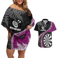 Personalised New Zealand Darts Couples Matching Off Shoulder Short Dress and Hawaiian Shirt Koru Tribal Tattoo and Silver Fern Maori Pattern Pink Color LT03 Pink - Polynesian Pride