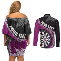Personalised New Zealand Darts Couples Matching Off Shoulder Short Dress and Long Sleeve Button Shirt Koru Tribal Tattoo and Silver Fern Maori Pattern Pink Color LT03 - Polynesian Pride