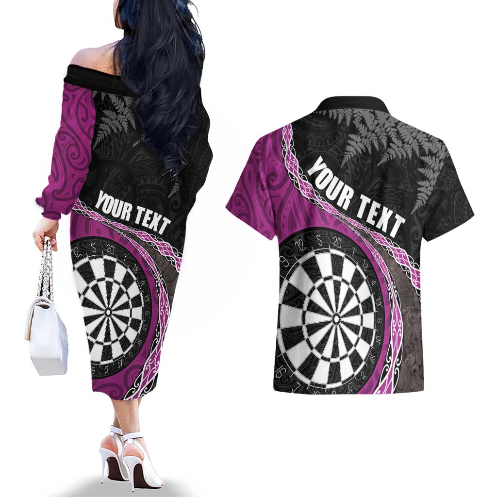Personalised New Zealand Darts Couples Matching Off The Shoulder Long Sleeve Dress and Hawaiian Shirt Koru Tribal Tattoo and Silver Fern Maori Pattern Pink Color