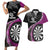 Personalised New Zealand Darts Couples Matching Short Sleeve Bodycon Dress and Hawaiian Shirt Koru Tribal Tattoo and Silver Fern Maori Pattern Pink Color