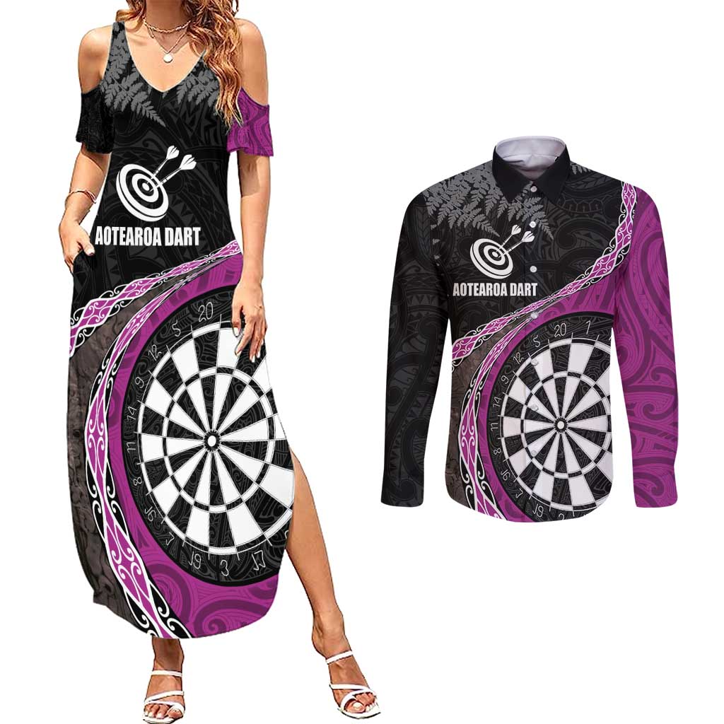 Personalised New Zealand Darts Couples Matching Summer Maxi Dress and Long Sleeve Button Shirt Koru Tribal Tattoo and Silver Fern Maori Pattern Pink Color