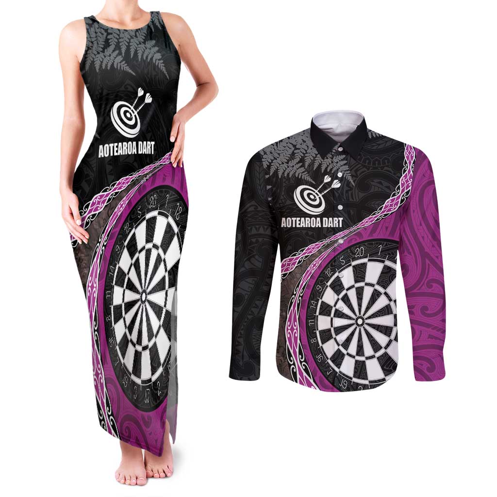 Personalised New Zealand Darts Couples Matching Tank Maxi Dress and Long Sleeve Button Shirt Koru Tribal Tattoo and Silver Fern Maori Pattern Pink Color