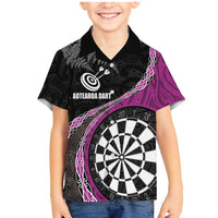 Personalised New Zealand Darts Family Matching Mermaid Dress and Hawaiian Shirt Koru Tribal Tattoo and Silver Fern Maori Pattern Pink Color LT03 Son's Shirt Pink - Polynesian Pride