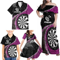 Personalised New Zealand Darts Family Matching Off Shoulder Maxi Dress and Hawaiian Shirt Koru Tribal Tattoo and Silver Fern Maori Pattern Pink Color LT03 - Polynesian Pride