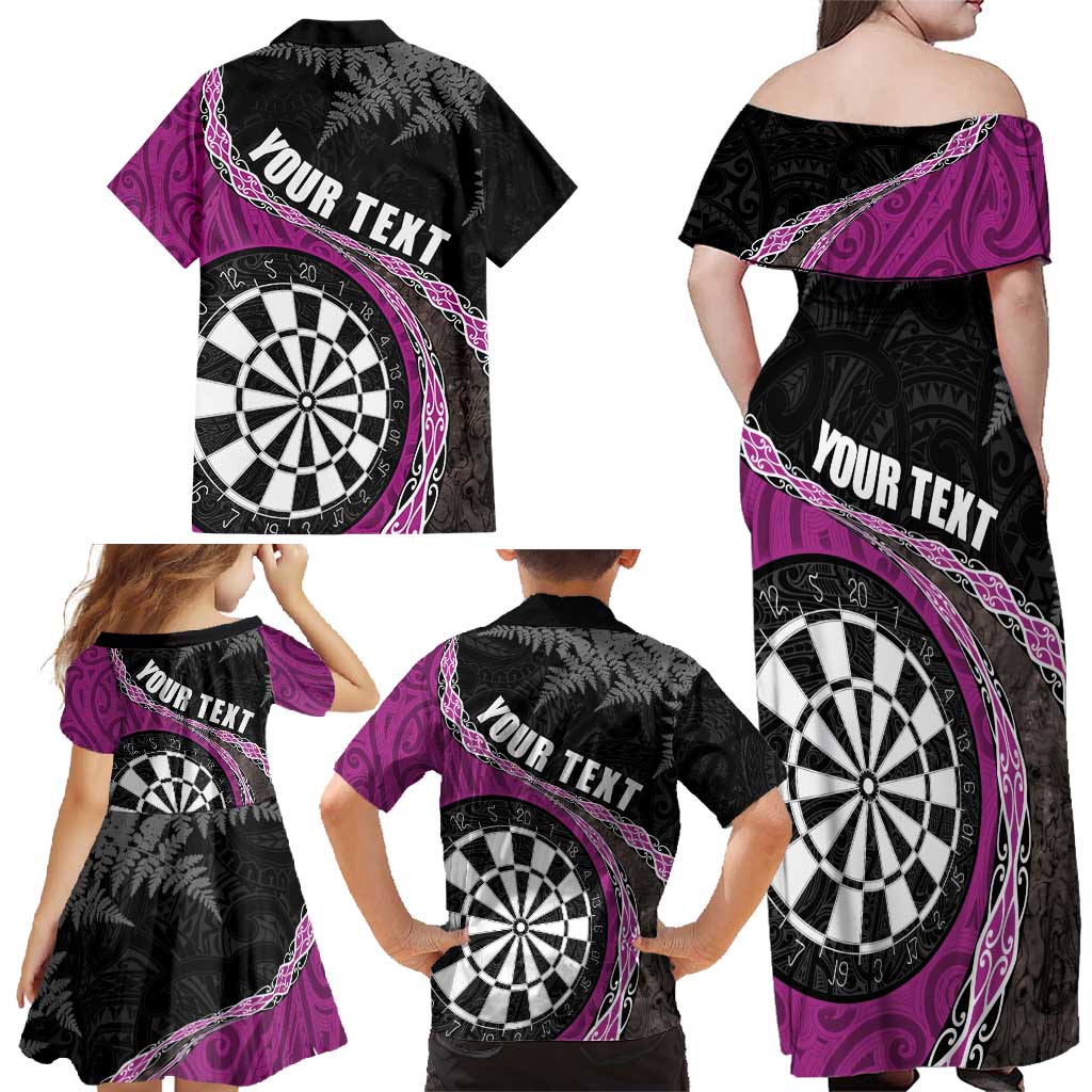 Personalised New Zealand Darts Family Matching Off Shoulder Maxi Dress and Hawaiian Shirt Koru Tribal Tattoo and Silver Fern Maori Pattern Pink Color LT03 - Polynesian Pride