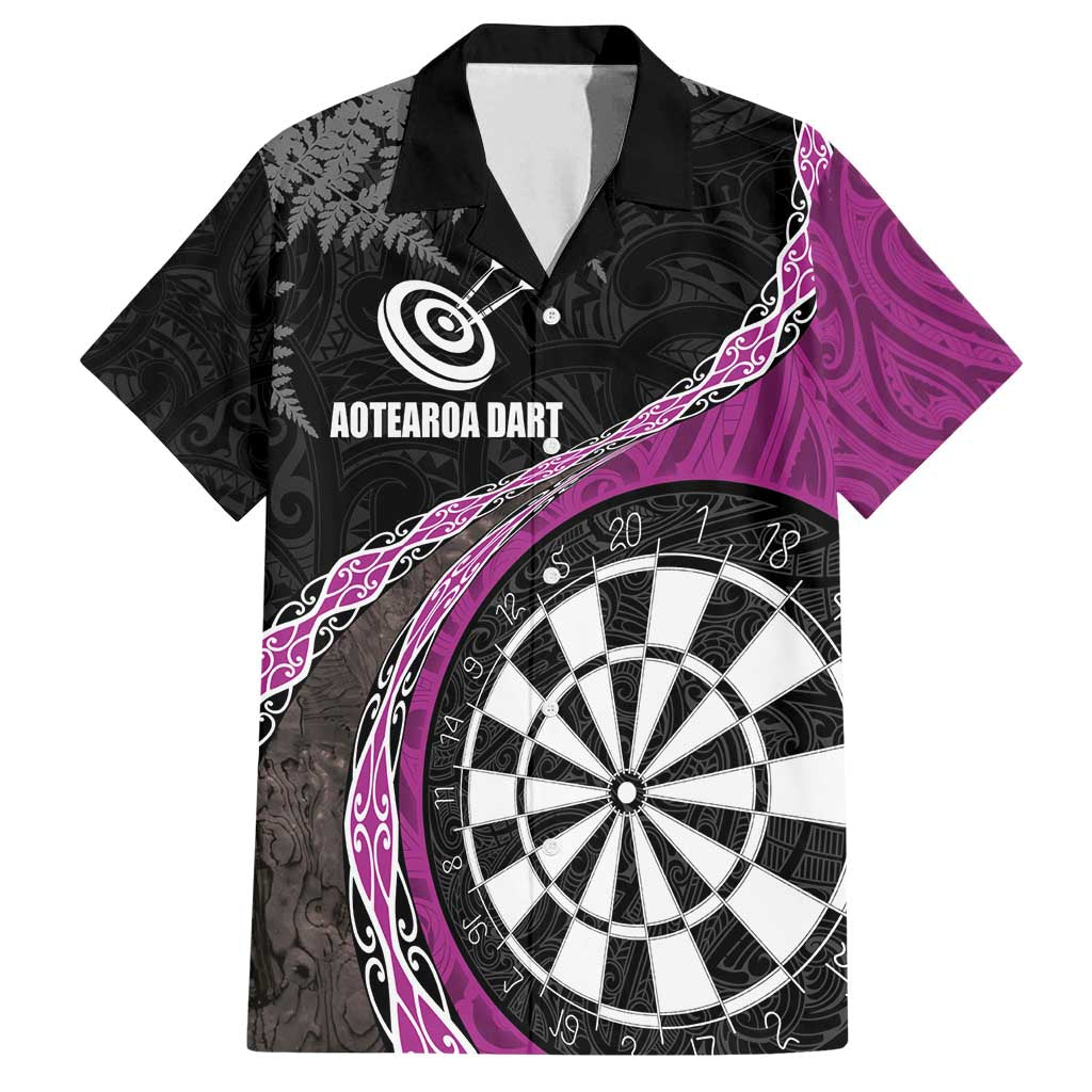 Personalised New Zealand Darts Family Matching Off Shoulder Maxi Dress and Hawaiian Shirt Koru Tribal Tattoo and Silver Fern Maori Pattern Pink Color LT03 Dad's Shirt - Short Sleeve Pink - Polynesian Pride
