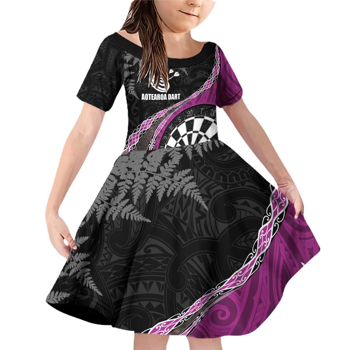 Personalised New Zealand Darts Family Matching Off Shoulder Short Dress and Hawaiian Shirt Koru Tribal Tattoo and Silver Fern Maori Pattern Pink Color LT03 Daughter's Dress Pink - Polynesian Pride