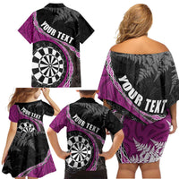 Personalised New Zealand Darts Family Matching Off Shoulder Short Dress and Hawaiian Shirt Koru Tribal Tattoo and Silver Fern Maori Pattern Pink Color LT03 - Polynesian Pride
