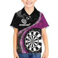Personalised New Zealand Darts Family Matching Off Shoulder Short Dress and Hawaiian Shirt Koru Tribal Tattoo and Silver Fern Maori Pattern Pink Color LT03 Son's Shirt Pink - Polynesian Pride