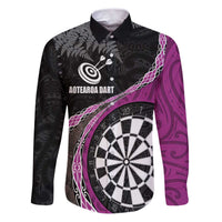 Personalised New Zealand Darts Family Matching Puletasi and Hawaiian Shirt Koru Tribal Tattoo and Silver Fern Maori Pattern Pink Color LT03 Dad's Shirt - Long Sleeve Pink - Polynesian Pride