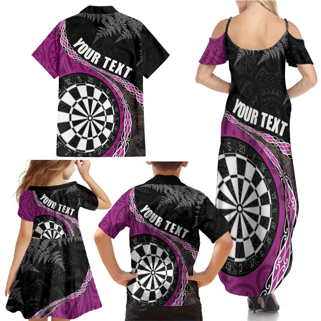 Personalised New Zealand Darts Family Matching Summer Maxi Dress and Hawaiian Shirt Koru Tribal Tattoo and Silver Fern Maori Pattern Pink Color LT03 - Polynesian Pride