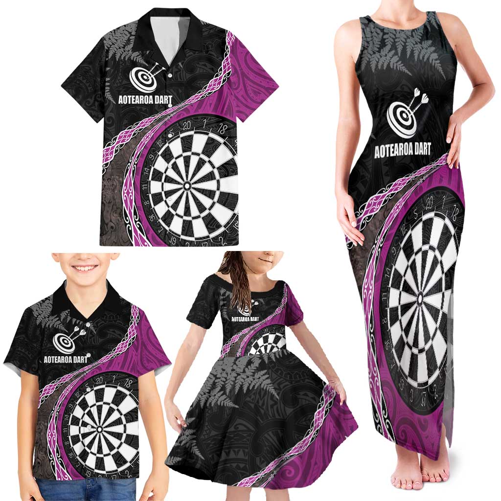 Personalised New Zealand Darts Family Matching Tank Maxi Dress and Hawaiian Shirt Koru Tribal Tattoo and Silver Fern Maori Pattern Pink Color