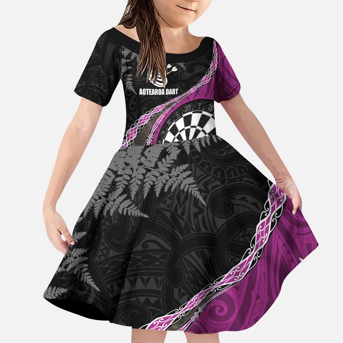 Personalised New Zealand Darts Kid Short Sleeve Dress Koru Tribal Tattoo and Silver Fern Maori Pattern Pink Color