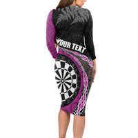 Personalised New Zealand Darts Long Sleeve Bodycon Dress Koru Tribal Tattoo and Silver Fern Maori Pattern Pink Color