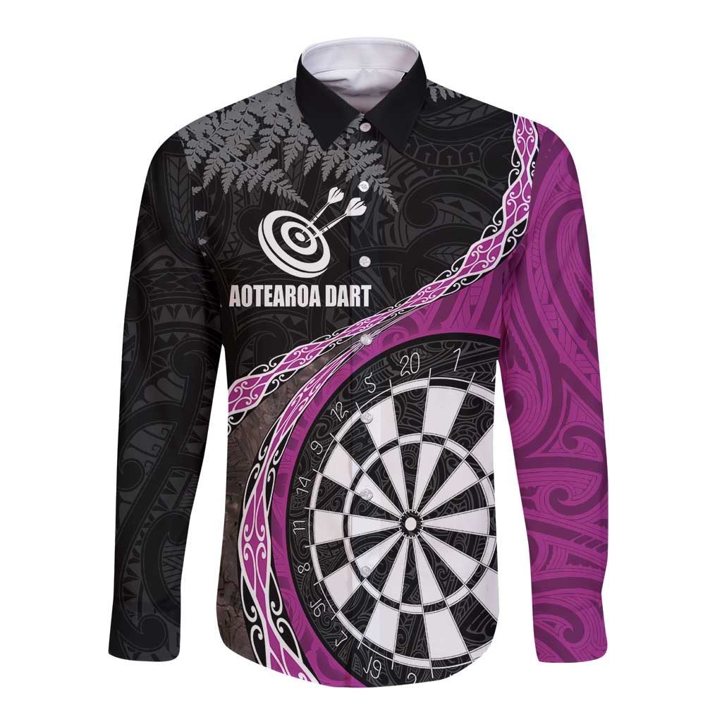 Personalised New Zealand Darts Long Sleeve Button Shirt Koru Tribal Tattoo and Silver Fern Maori Pattern Pink Color LT03 Unisex Pink - Polynesian Pride