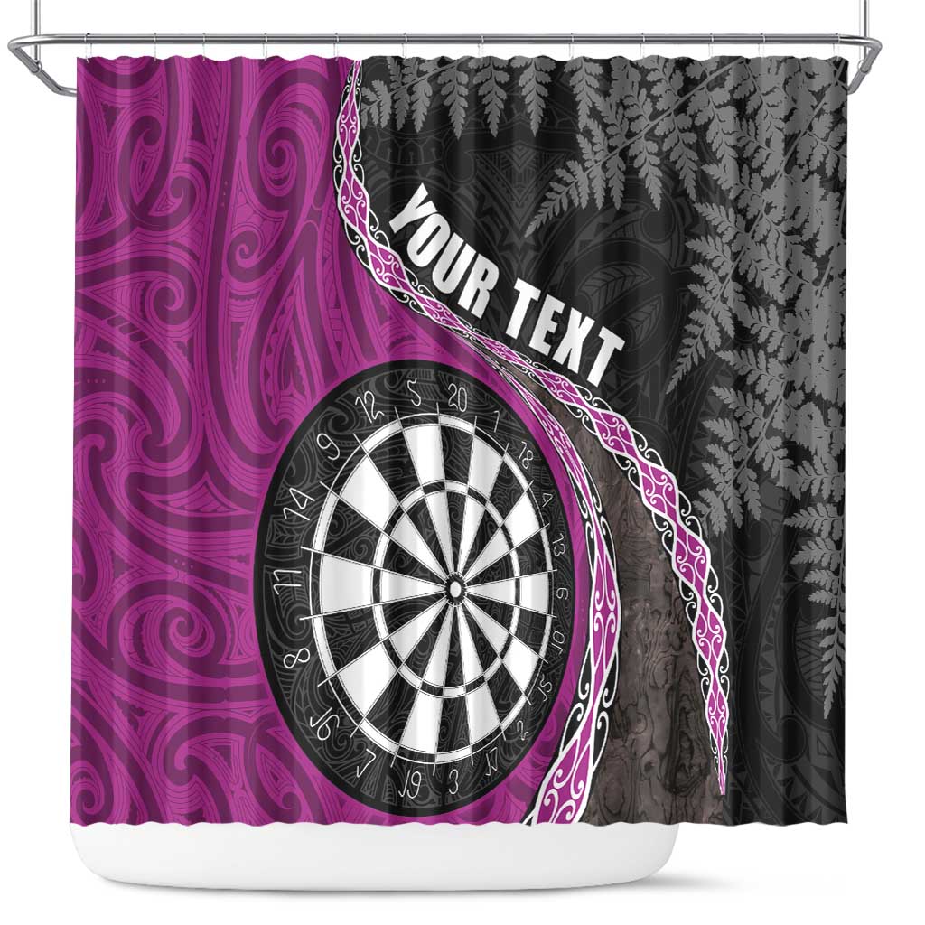 Personalised New Zealand Darts Shower Curtain Koru Tribal Tattoo and Silver Fern Maori Pattern Pink Color