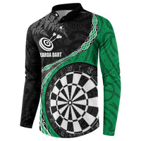 Personalised New Zealand Darts Button Sweatshirt Koru Tribal Tattoo and Silver Fern Maori Pattern Green Color LT03 - Polynesian Pride