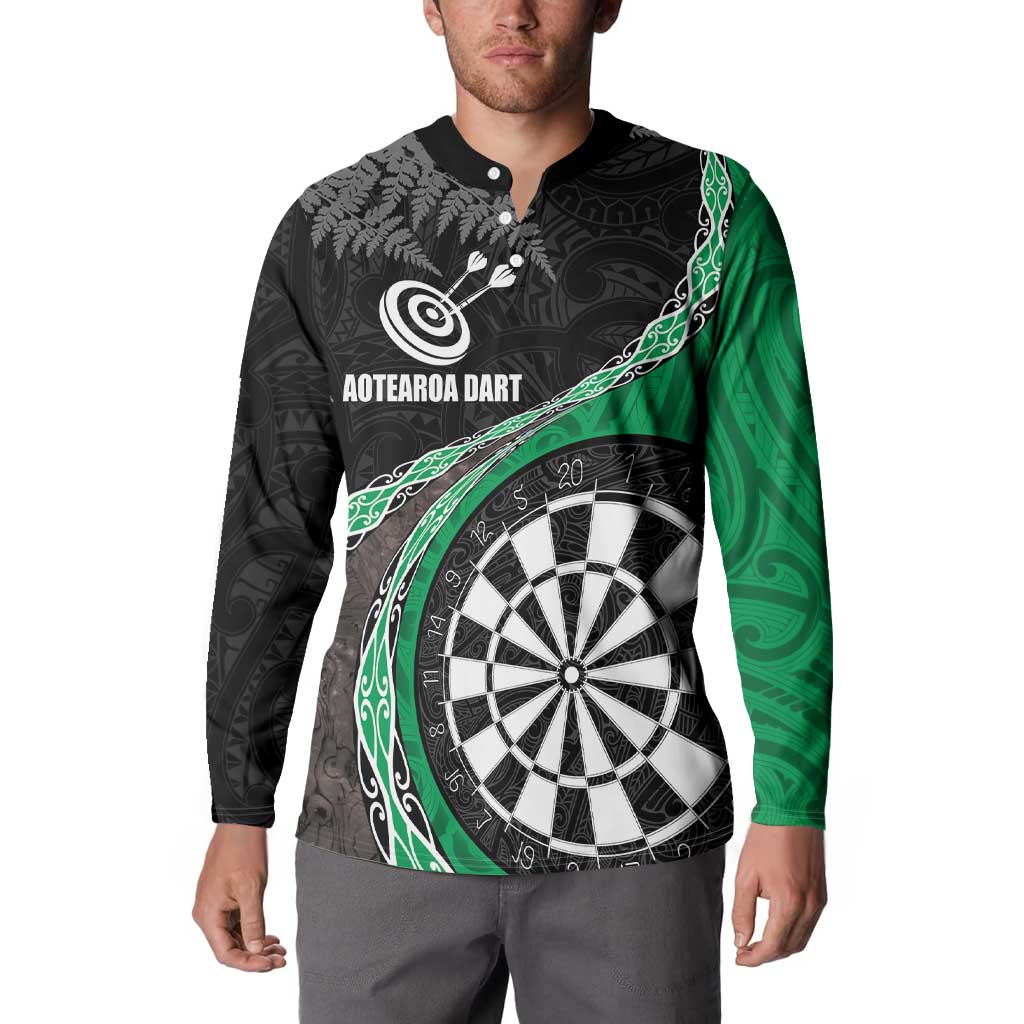 Personalised New Zealand Darts Button Sweatshirt Koru Tribal Tattoo and Silver Fern Maori Pattern Green Color LT03 - Polynesian Pride