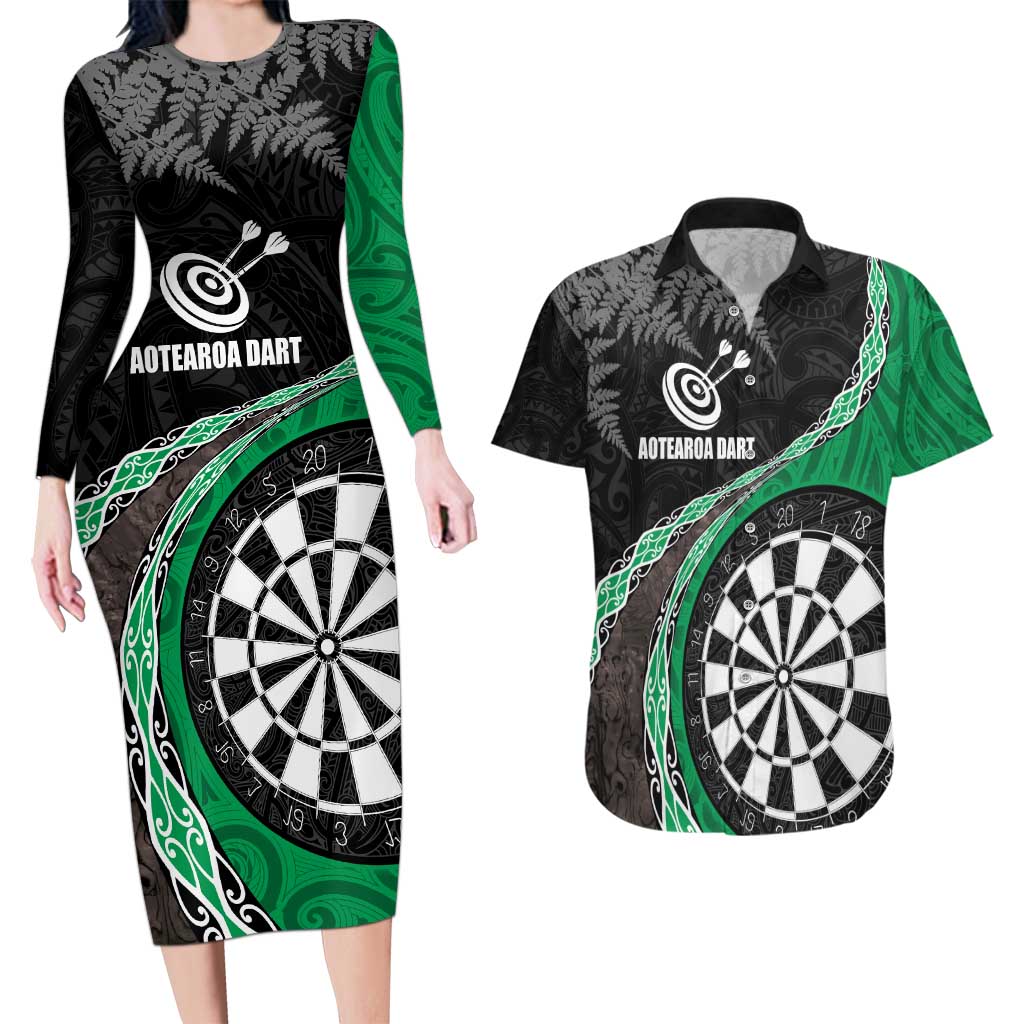 Personalised New Zealand Darts Couples Matching Long Sleeve Bodycon Dress and Hawaiian Shirt Koru Tribal Tattoo and Silver Fern Maori Pattern Green Color