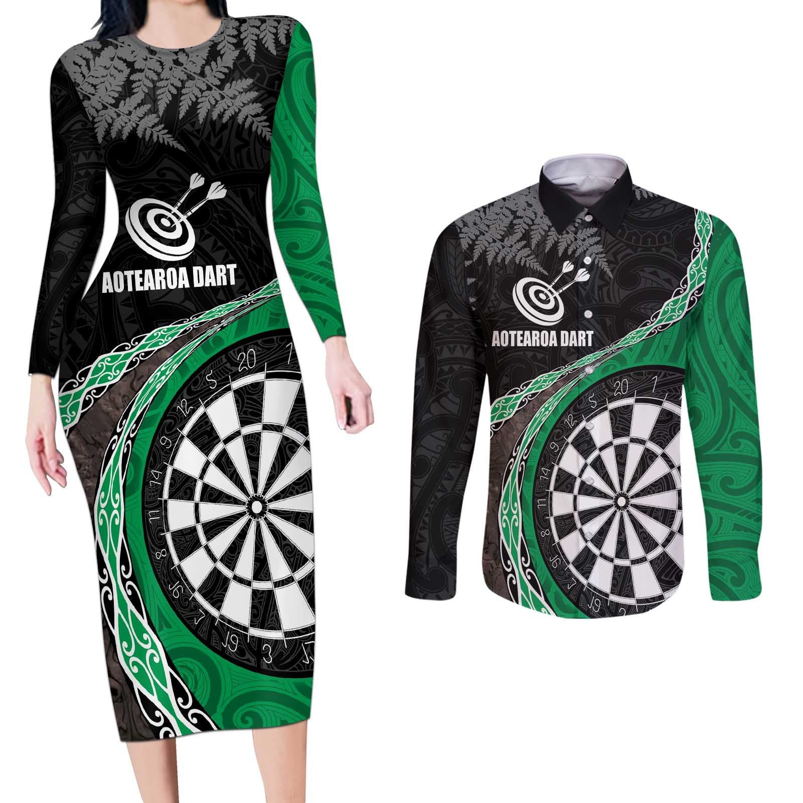 Personalised New Zealand Darts Couples Matching Long Sleeve Bodycon Dress and Long Sleeve Button Shirt Koru Tribal Tattoo and Silver Fern Maori Pattern Green Color