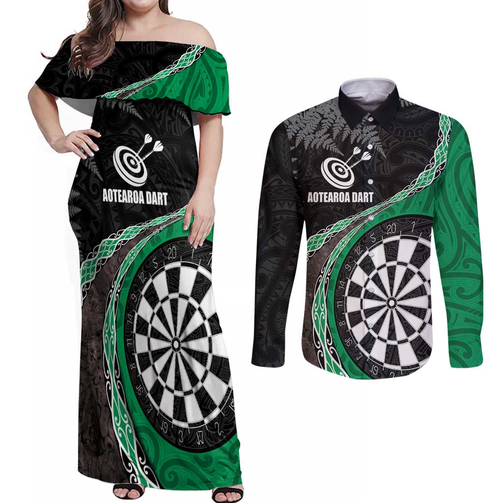 Personalised New Zealand Darts Couples Matching Off Shoulder Maxi Dress and Long Sleeve Button Shirt Koru Tribal Tattoo and Silver Fern Maori Pattern Green Color