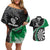 Personalised New Zealand Darts Couples Matching Off Shoulder Short Dress and Hawaiian Shirt Koru Tribal Tattoo and Silver Fern Maori Pattern Green Color