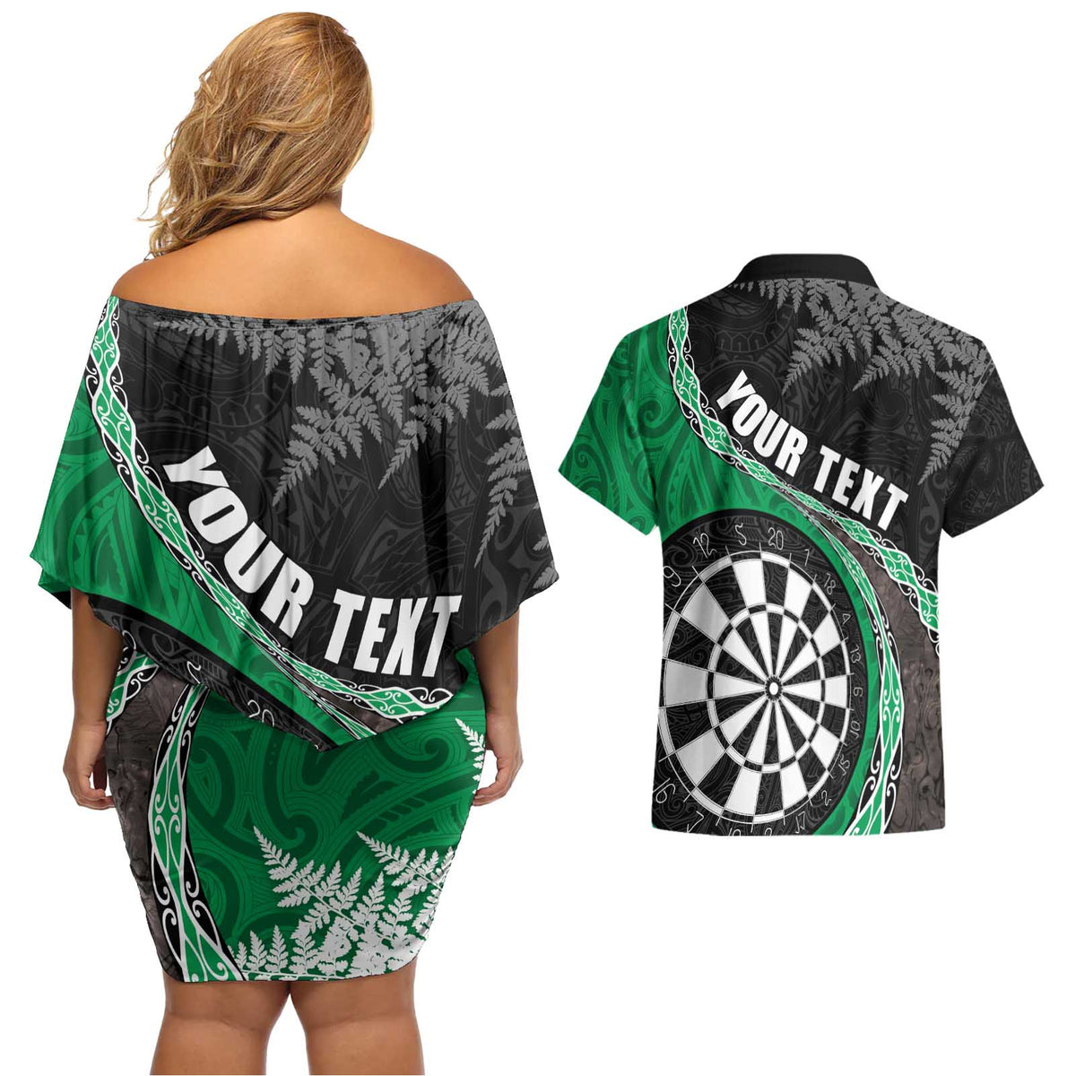 Personalised New Zealand Darts Couples Matching Off Shoulder Short Dress and Hawaiian Shirt Koru Tribal Tattoo and Silver Fern Maori Pattern Green Color LT03 - Polynesian Pride