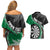 Personalised New Zealand Darts Couples Matching Off Shoulder Short Dress and Hawaiian Shirt Koru Tribal Tattoo and Silver Fern Maori Pattern Green Color