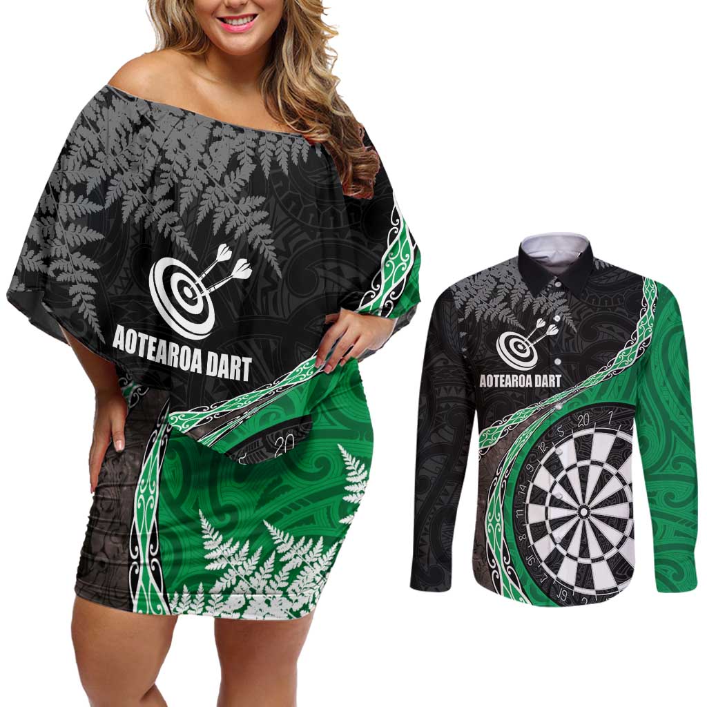 Personalised New Zealand Darts Couples Matching Off Shoulder Short Dress and Long Sleeve Button Shirt Koru Tribal Tattoo and Silver Fern Maori Pattern Green Color