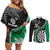 Personalised New Zealand Darts Couples Matching Off Shoulder Short Dress and Long Sleeve Button Shirt Koru Tribal Tattoo and Silver Fern Maori Pattern Green Color