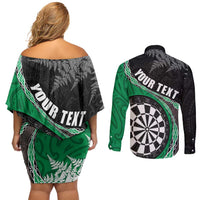 Personalised New Zealand Darts Couples Matching Off Shoulder Short Dress and Long Sleeve Button Shirt Koru Tribal Tattoo and Silver Fern Maori Pattern Green Color LT03 - Polynesian Pride