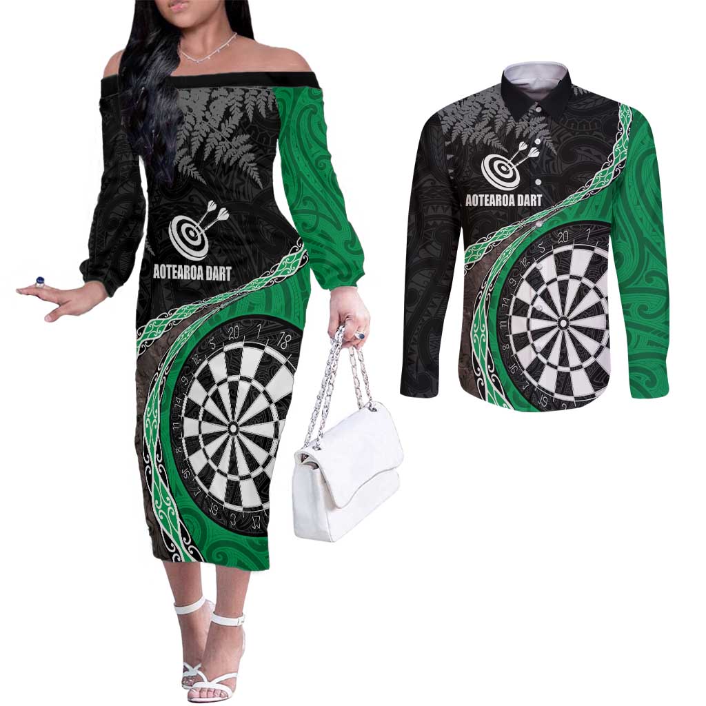 Personalised New Zealand Darts Couples Matching Off The Shoulder Long Sleeve Dress and Long Sleeve Button Shirt Koru Tribal Tattoo and Silver Fern Maori Pattern Green Color